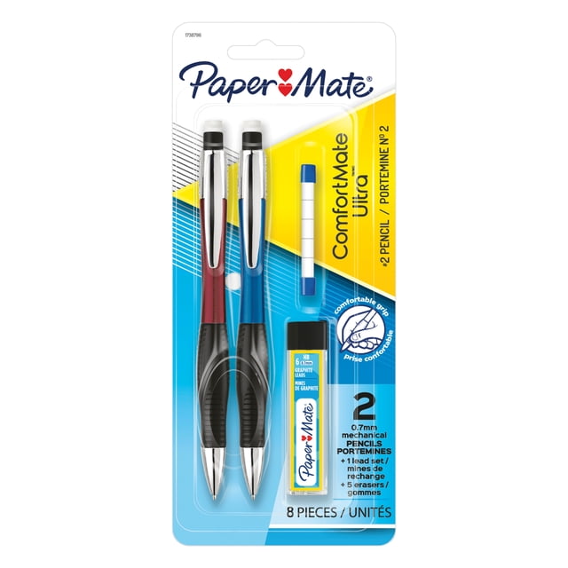 Portemines ComfortMate Ultra de Paper Mate, mine HB n° 2 (0,7 mm), couleurs assorties, 2 crayons, 1 ensemble de recharge de mines, 5 gommes à effacer