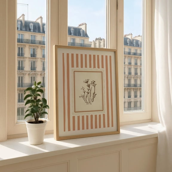 Terracotta Botanical Vintage Stripe Wall Art, Unframed Paper Print Size 8x12