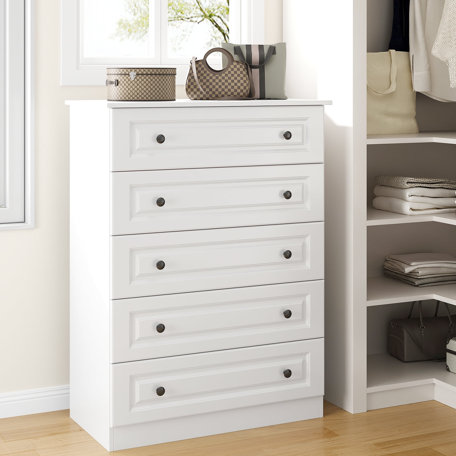 IDEALSOUL Dresser for bedroom,5 Drawer Dresser Tall White Dresser with Large Storage Space, for Bedroom,Hallway,Entryway