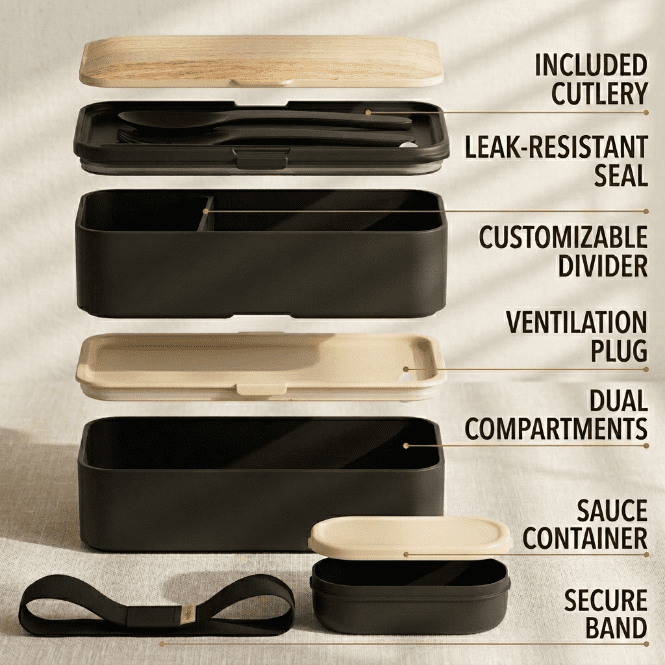 Bento Box Adult Lunch Box with Compartments, BPA-Free Leak-Resistant Lunch Container, Microwavable Meal Prep Box with Utensils, Chopsticks & Sauce Container for Women and Men