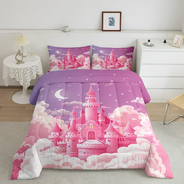 Erosebridal Ensemble de Literie Château Rose Girly, Couette Conte de Fées, Décor Style Princesse, Réversible 3 Pcs