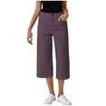 thumbnail image 2 of Qulqfy Womens Capri Pants Wide Leg Flat Front Dressy Purple Stretch Capris Summer High Waisted Pants with Pockets Pants Women M, 2 of 6