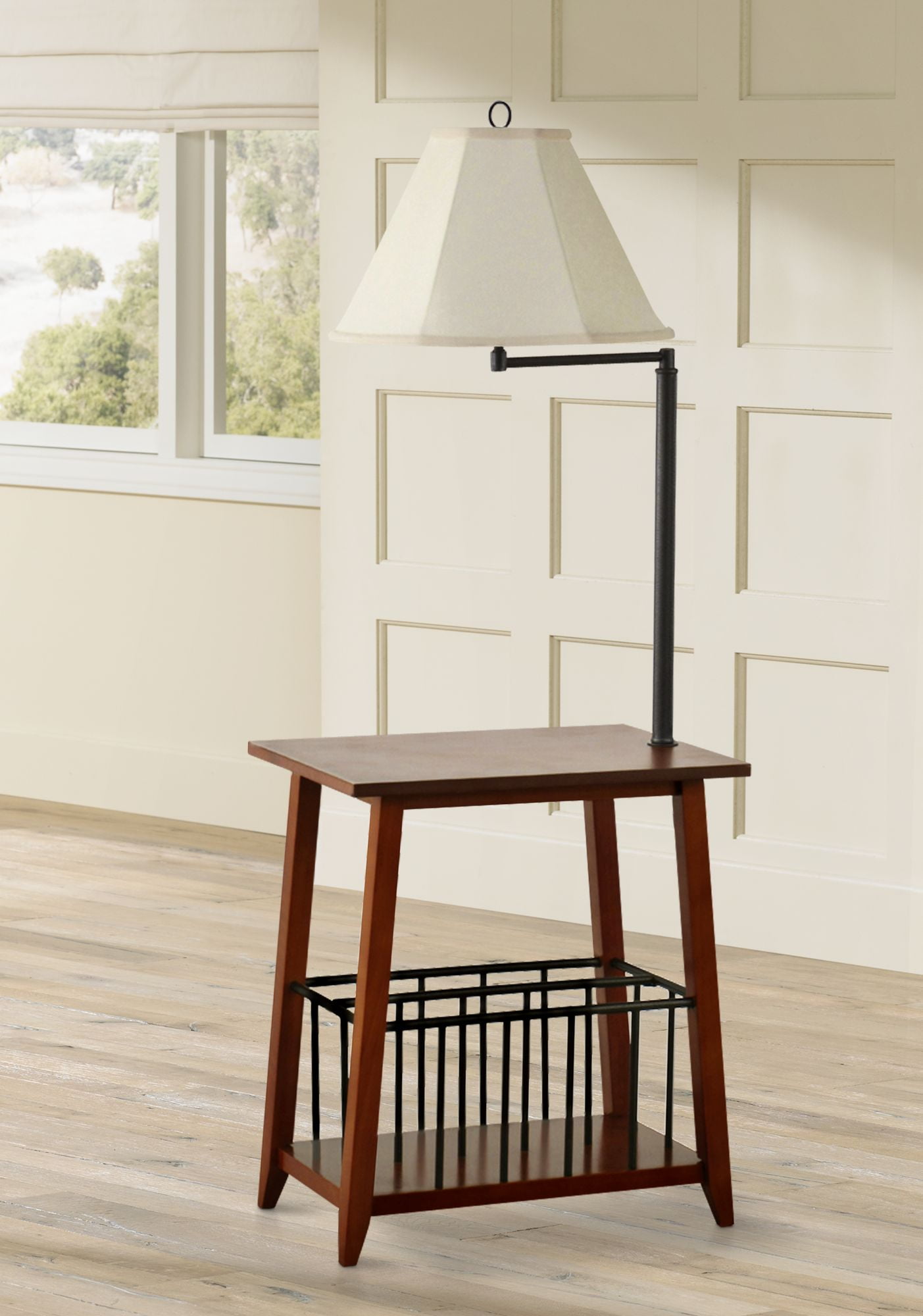 Integrated Wooden Side Table and Metal Magazine Rack with LED Bulb Floor Lamp 