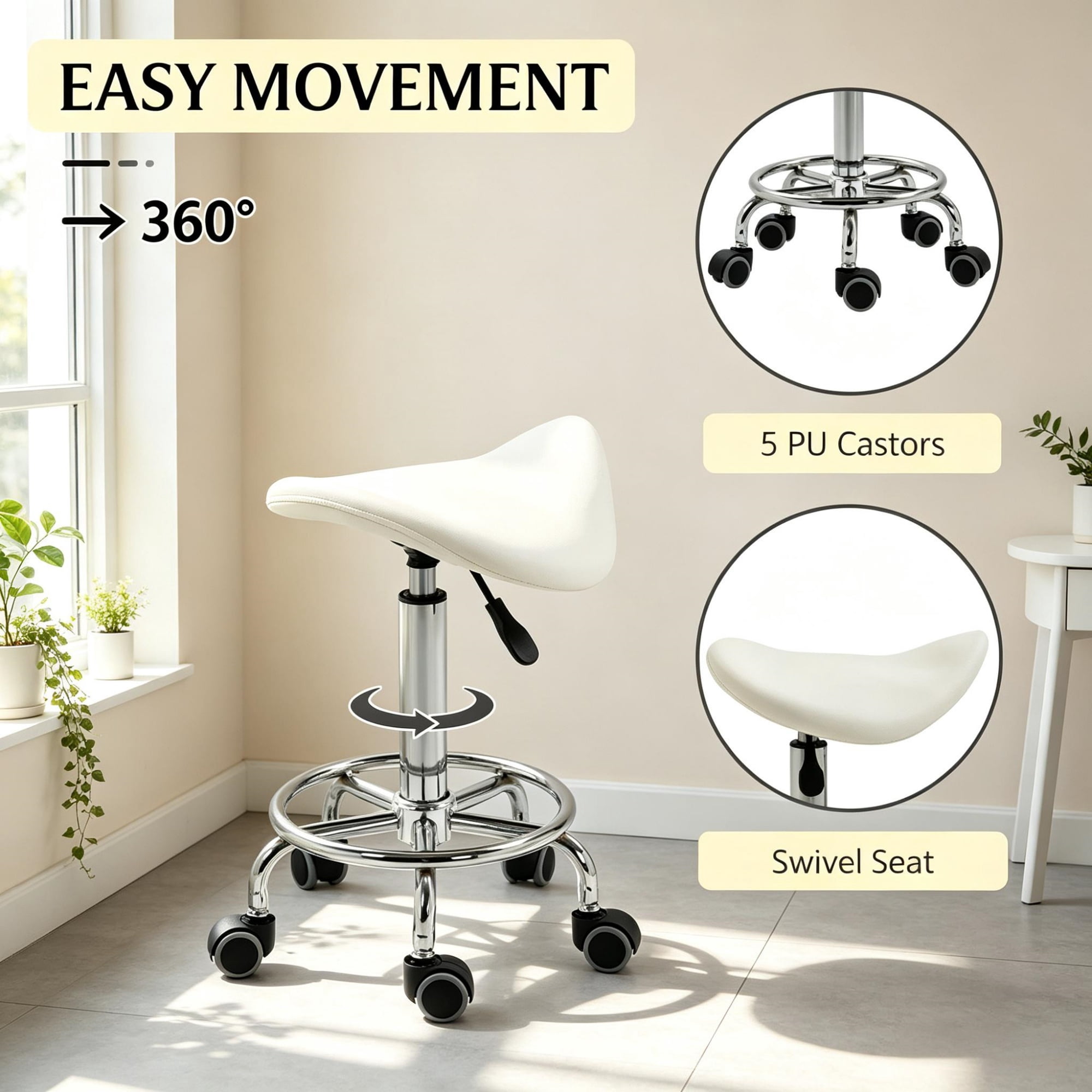 PU Leather Saddle Rolling Stool, Adjustable Height with Wheels for Massage, Spa, Beauty Tattoo, White