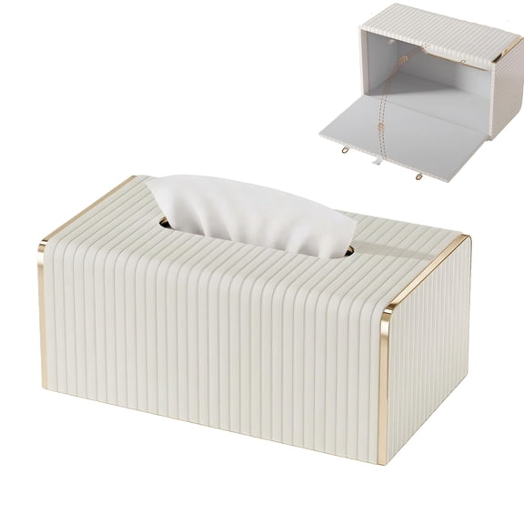 Tissue Box Cover,White Rectangle Leather Tissue Box Holder with Gold-Tone Edging Decoration,Decorative Tissue Cover for Bathroom Toilet Bedroom Living Room Table Desk Office (White, Rectangle)