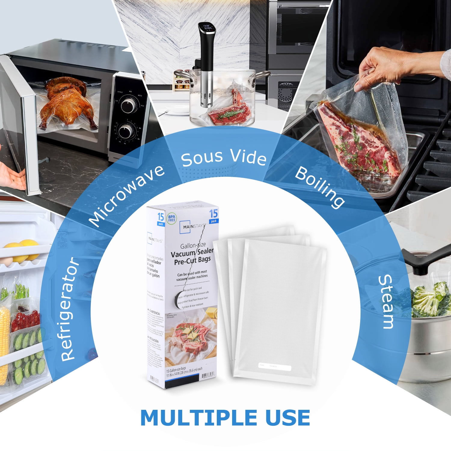 Mainstays Gallon Vacuum Sealer Bags (11" x 14"), 15-Count BPA-Free Vacuum Seal Bags for Food Storage and Sous Vide, Works With All Brands Food Vacuum Sealer Machines