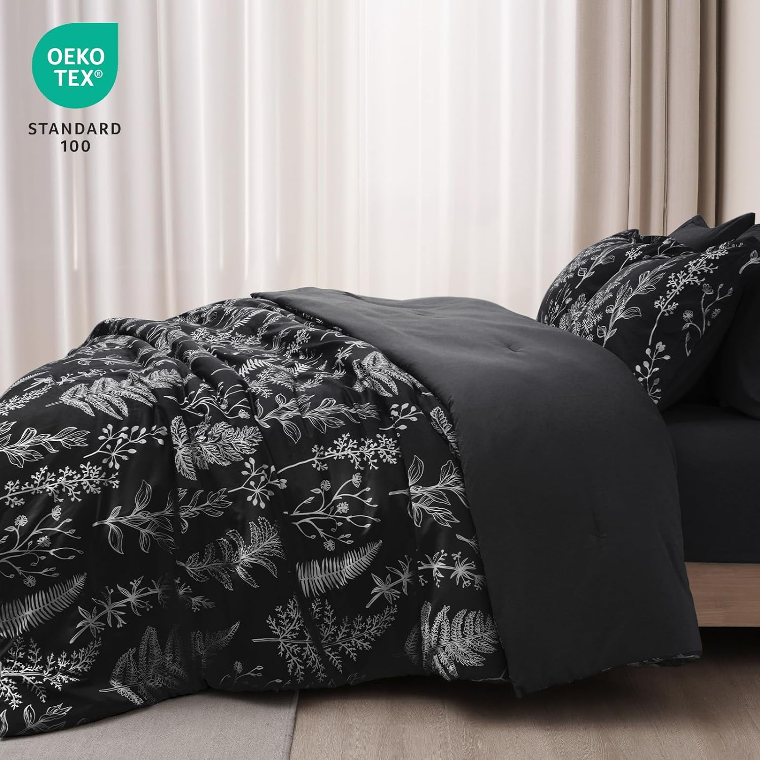 PHF 7 Pieces Printed Queen Comforter Set, Lightweight Reversible Botanical Bedding Set Include Comforter, Pillow Shams, Flat Sheet, Fitted Sheet and Pillowcases, Black