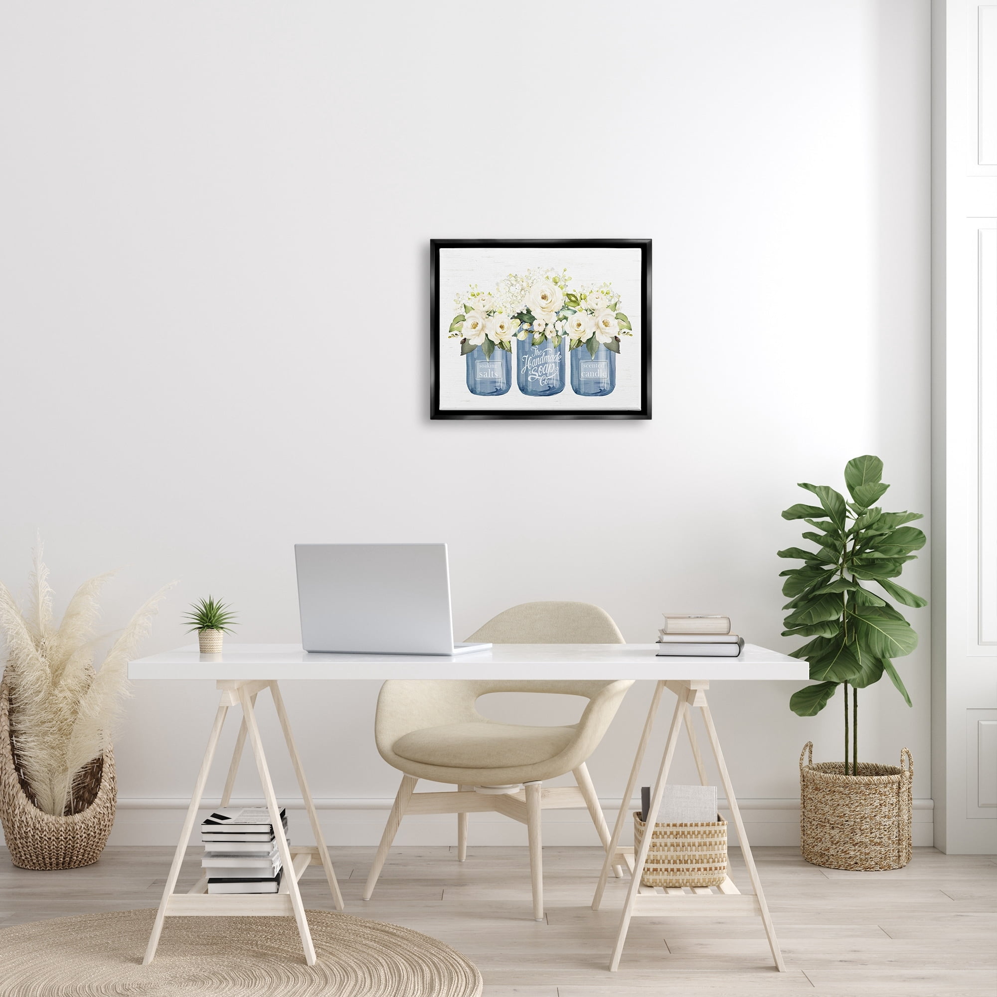 Stupell Industries White Rose Flower Bouquets Blue Farmhouse Jars Graphic Art Jet Black Floating Framed Canvas Print Wall Art, Design by Lettered and Lined