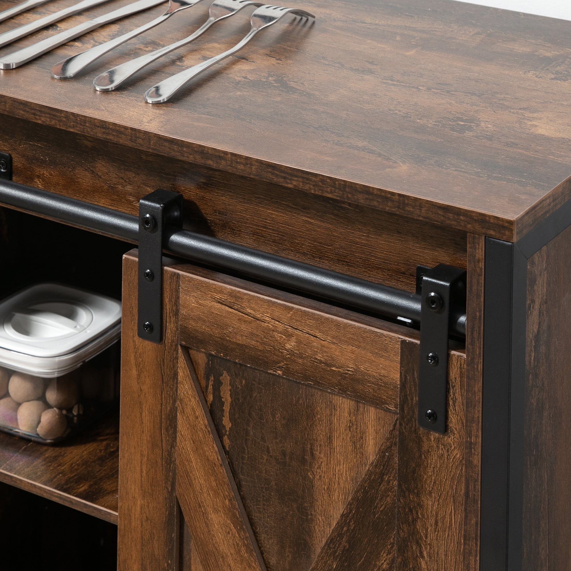 HOQBN Industrial Sideboard Buffet Cabinet, Kitchen Cabinet with Sliding Barn Doors, Coffee Bar Cabinet with Adjustable Shelves for Living Room, Home Bar, Rustic Brown