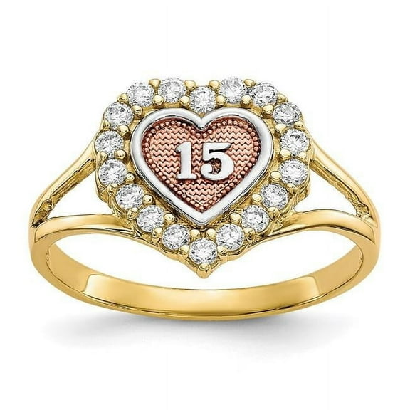 Primal Gold 10 Karat Yellow and Rose Gold with White Rhodium-plated Sweet 15 Cubic Zirconia Heart Ring