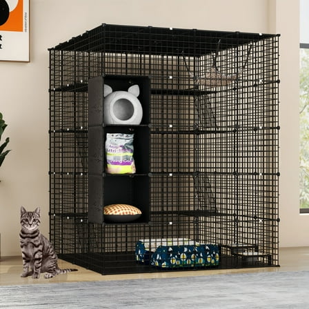 Uforic 69" Large Cat Cage, 5 Tier Indoor Cat Enclosures with Large Hammock, DIY Cat Playpen Metal Kennel for 1-4 Cats,55"L x 55"W x 69"H,Black