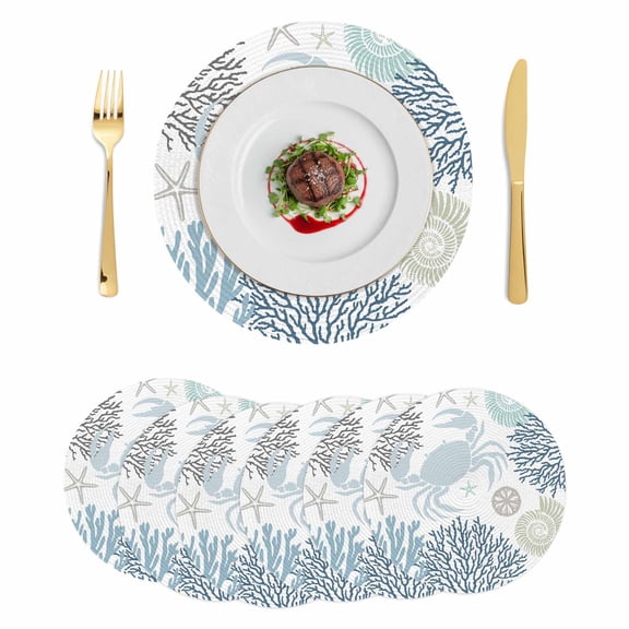 Blue Beige Crab Coastal Round 13 Inch Placemats Set of 6, Summer Coral Nautical HeatResistant Non Slip Place Mats for Dining Table, Wipeable Braided Kitchen Table Mats for Housewarming
