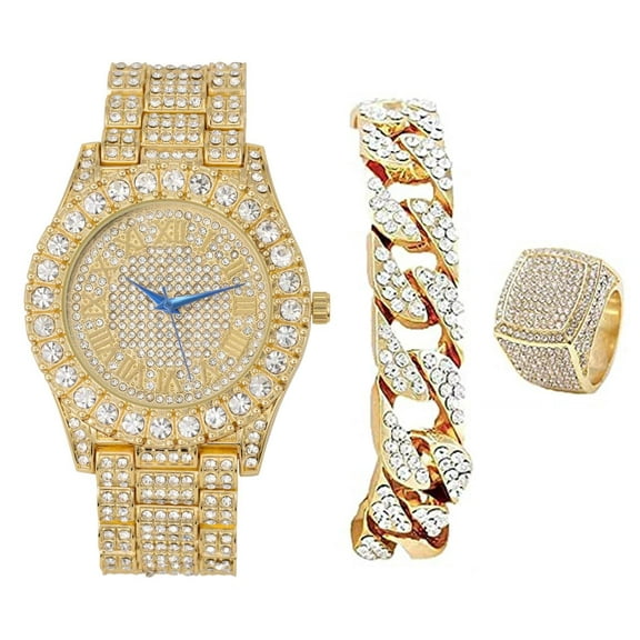 Charles Raymond Mens Big Rocks Bezel - Dial with Roman Numerals Fully Iced Out Watch w/Cuban Chain Bracelet & Ring - ST10327SET3PC (12,Gold)