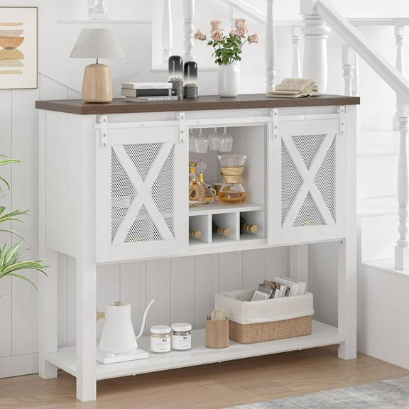 Storage Cabinet, Farmhouse Coffee Bar Table with Storage, Rustic Sideboard Buffet Cabinet with Sliding Barn Doors, Wine Console Entryway Table with Racks for Kitchen, Dinning Room, Living Room, Whit