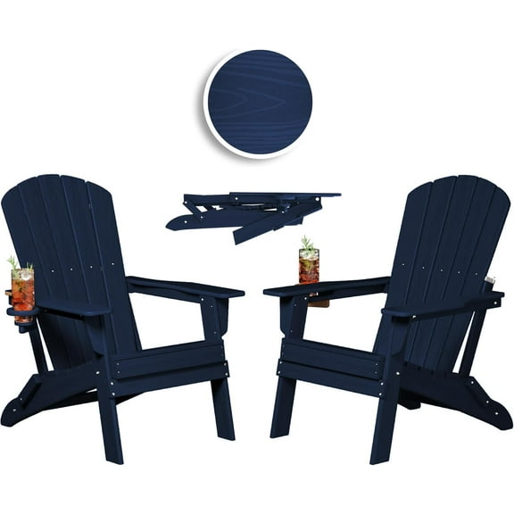 Folding Adirondack Chair, SGS Tested, Wooden Textured with Cup Holder, Heavy All-Weather HDPE Comfortable Set Poolside Backyard Lawn Navy Blue