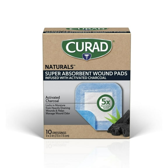 Curad Naturals Charcoal Super Absorbent SAP Wound Pads, 3" x 3", 30 Count