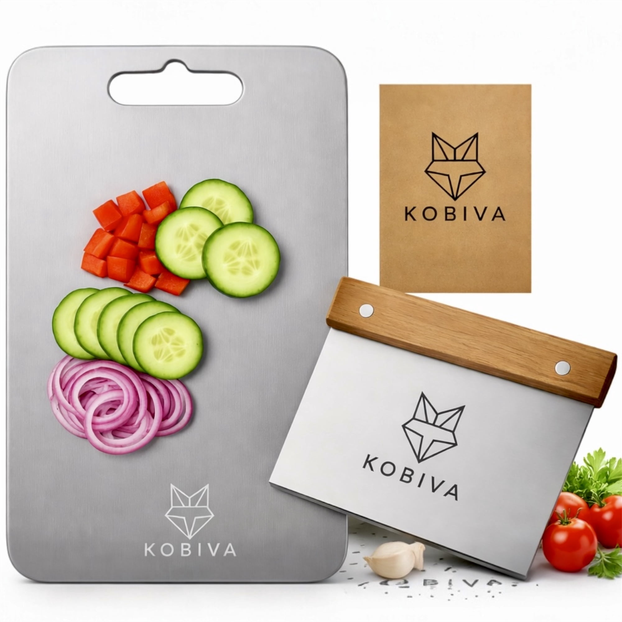 304 Stainless Steel Cutting Board with Bench Scraper & Wooden Handle | Food Grade, Large Metal Chopping Board, Dough Cutter, Dishwasher Safe | Kitchen Set for Meat, Bread, Vegetables & Pastry