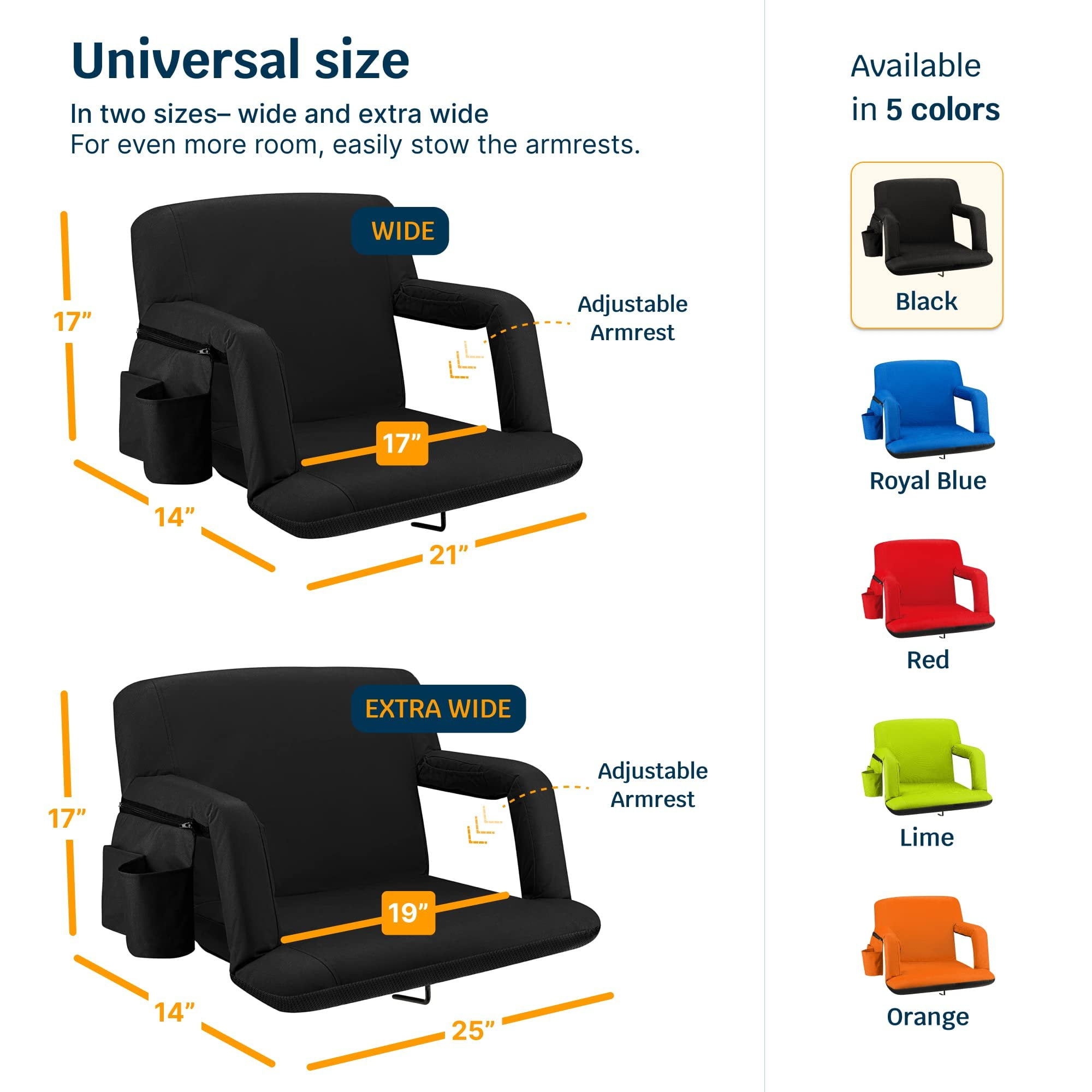 Reclining Stadium Seats for Bleachers with Back Support  Wide Bleacher Chair Cushion, Armrests, Large Pockets, and Multiple Safety Features  Best Stadium Seat Chairs for Camping, Kayak Backs & More