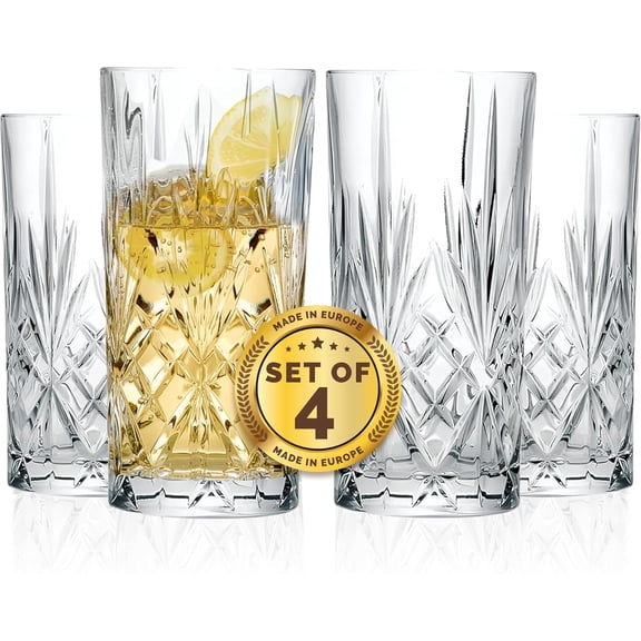 Barski Highball Glass - Drinking Glasses - Set of 4 - Hiball Tumblers - Glass Crystal Tumbler - for Water, Juice, Beer, Mixed Cocktails, Mojito Glass, Tom Collins Bar Glassware, 12 oz, Made in Europe
