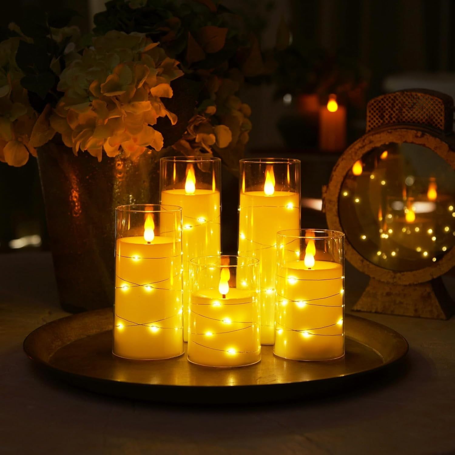 Homemory Pure White Flameless Candles with Embedded Star String Fairy Lights, Battery Operated Candles, LED Candles, Fake Candles with Remote Control and Timer, Set of 5(H4 5" 6" 8" 8")