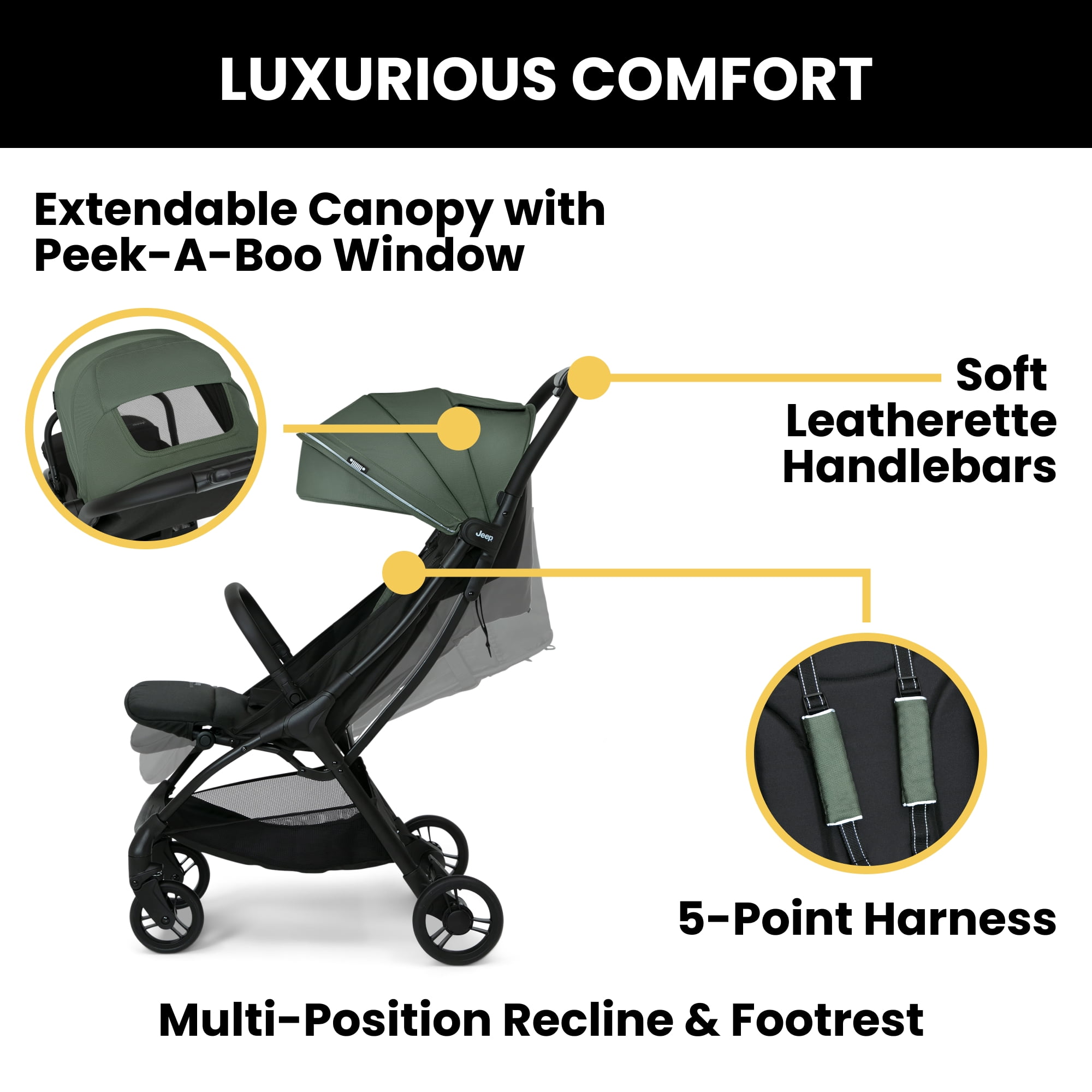 Jeep Altitude Compact Travel Stroller by Delta Children – Greenguard Gold Certified, Easy One Hand Fold, Lightweight, Extendable Canopy with Peek-a-Boo Window, 4 Wheel Suspension, Olive Green