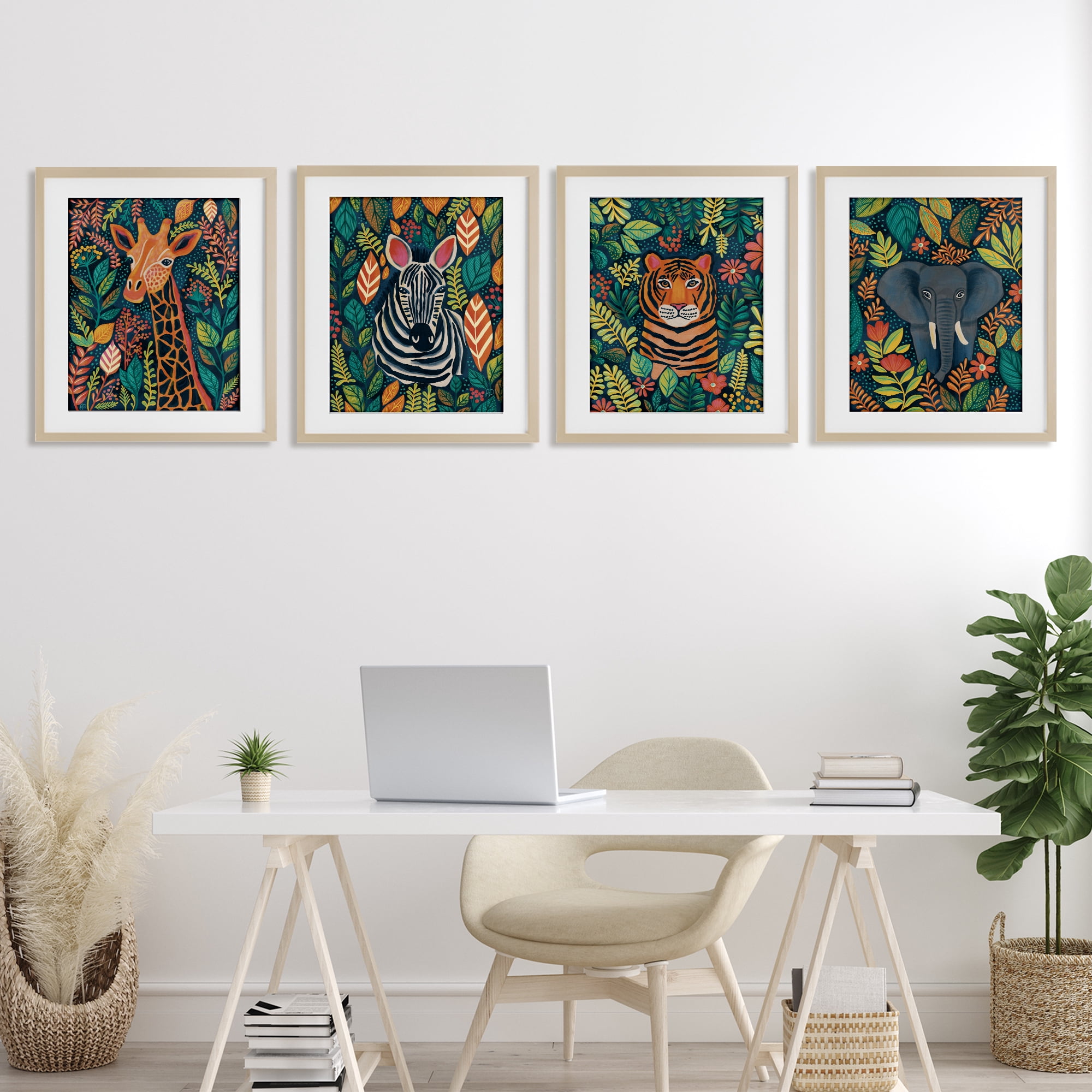 Stupell Industries Jungle Leaf Pattern Animals 4 Piece Birch Framed Print Under Glass Set, design by Lisa R Dumm