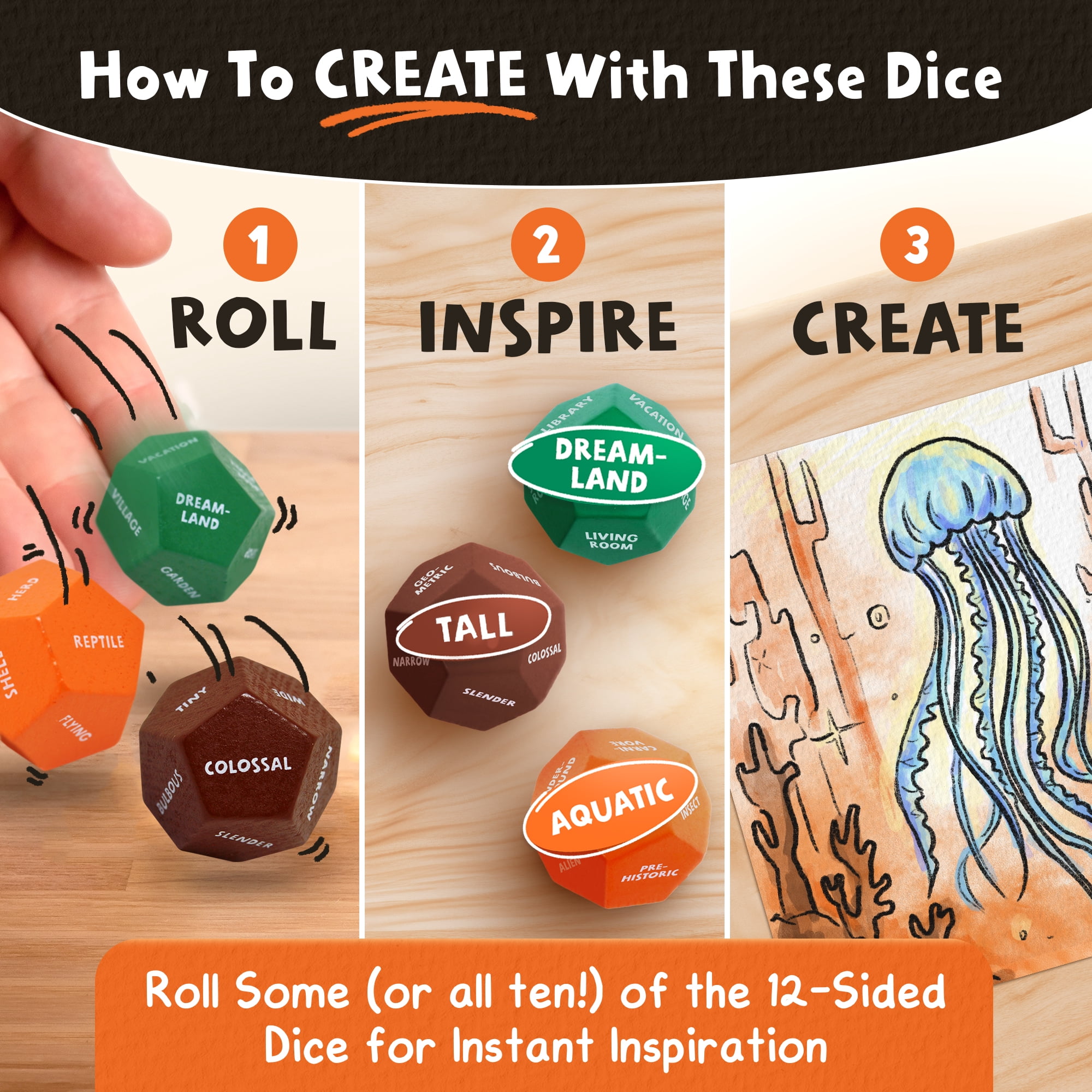 Insplore Art Dice – 12-Sided Wooden Dice with 120 Prompts to Help You Decide What to Draw or Paint – Creative Playbook with Games and Activities – Fun, Inspiring Gift for Artists of All Levels
