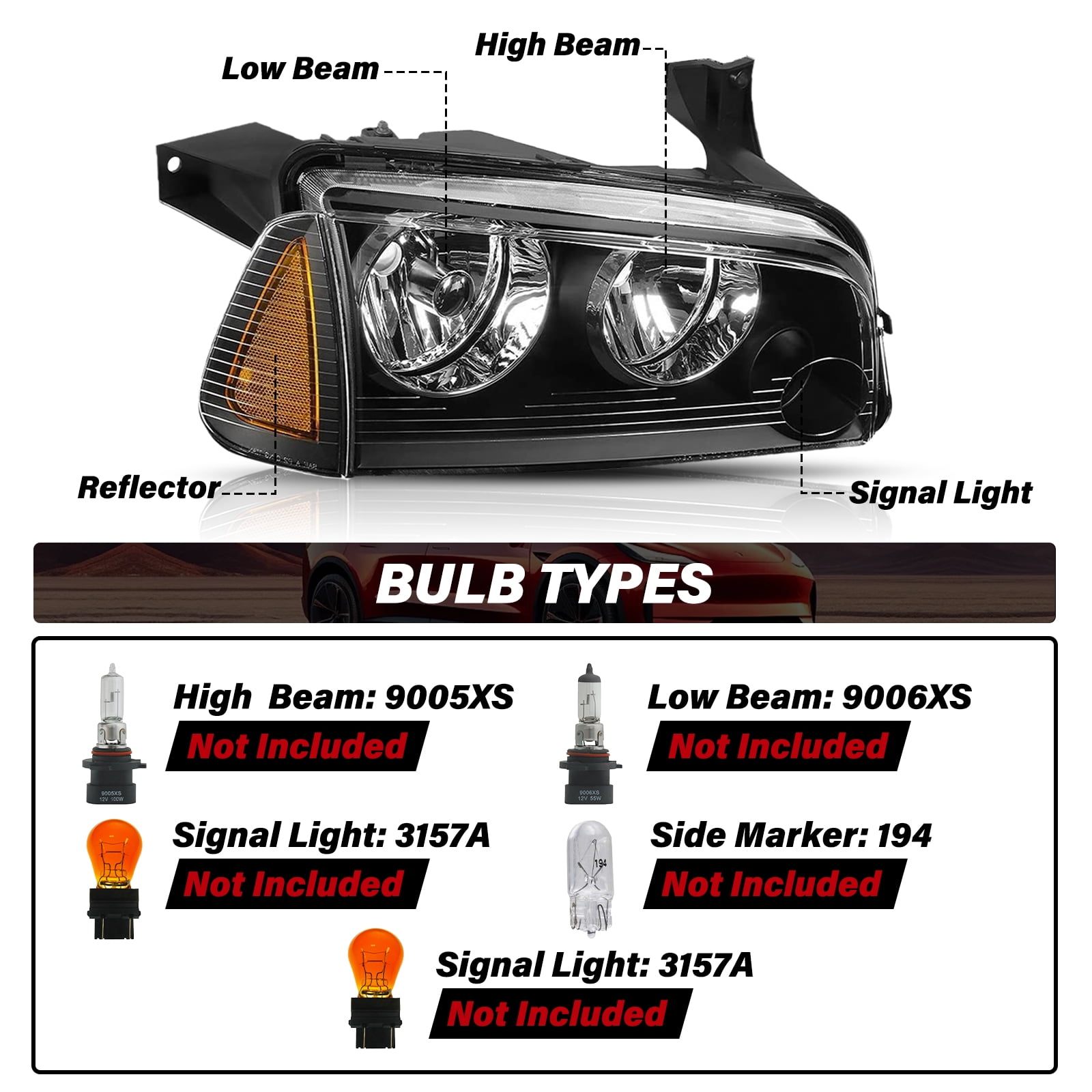 For 2006-2010 Dodge Charger Headlights Black Housing Amber Corner Lamps LH & RH