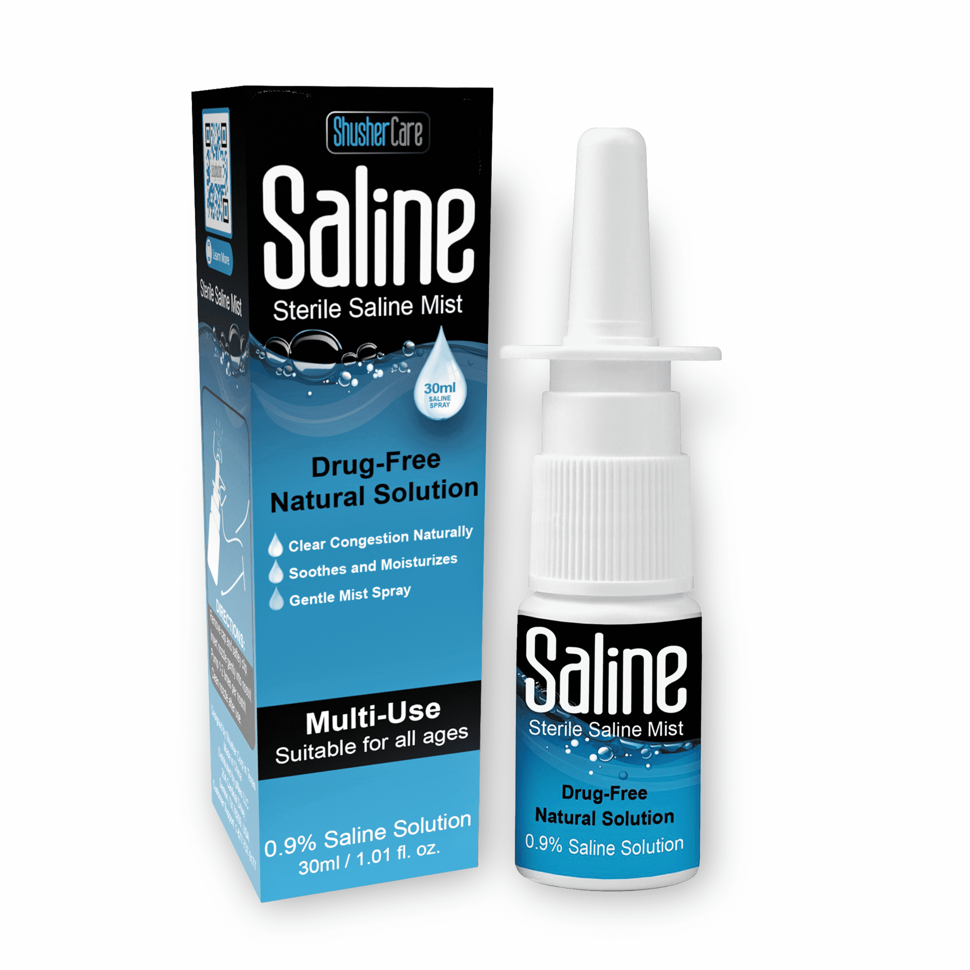 Shusher Care Saline Nasal Spray 30 mL, 0.9% Sterile Saline Solution for Nasal Care, Drug-Free, Preservative-Free, Gentle Daily Use
