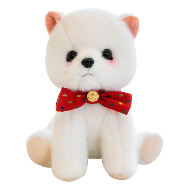 Peluche de Pomerania de 23 cm con collar de lazo y ojos 3D: muñeco de cachorro de peluche suave y lindo para decoración del hogar y regalo de cumpleaños