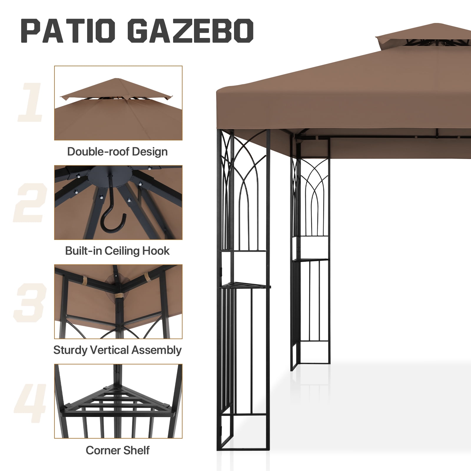 COOS BAY 8x8 Outdoor Patio Gazebo with Corner Shelves, Two-Tier Soft Top Canopy for Backyard, Lawn, Deck and Garden, Brown