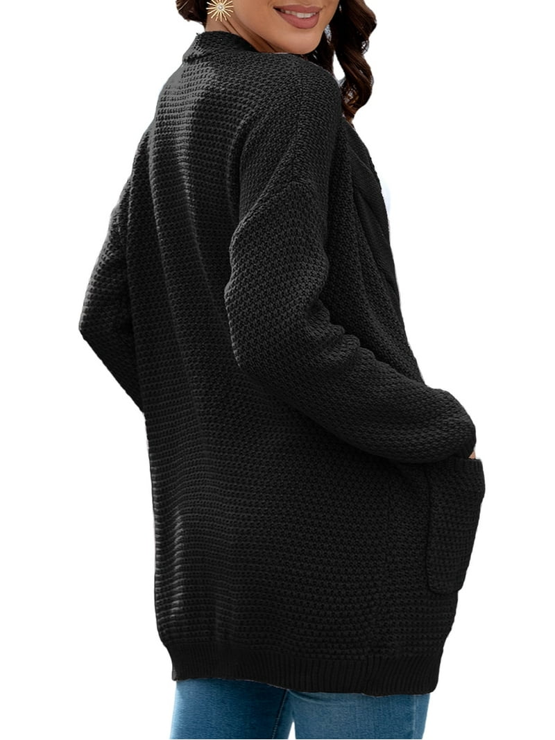 WearAll Women's Long Sleeve Pocket Cardigan - Soft Stretch Black Cover-Up