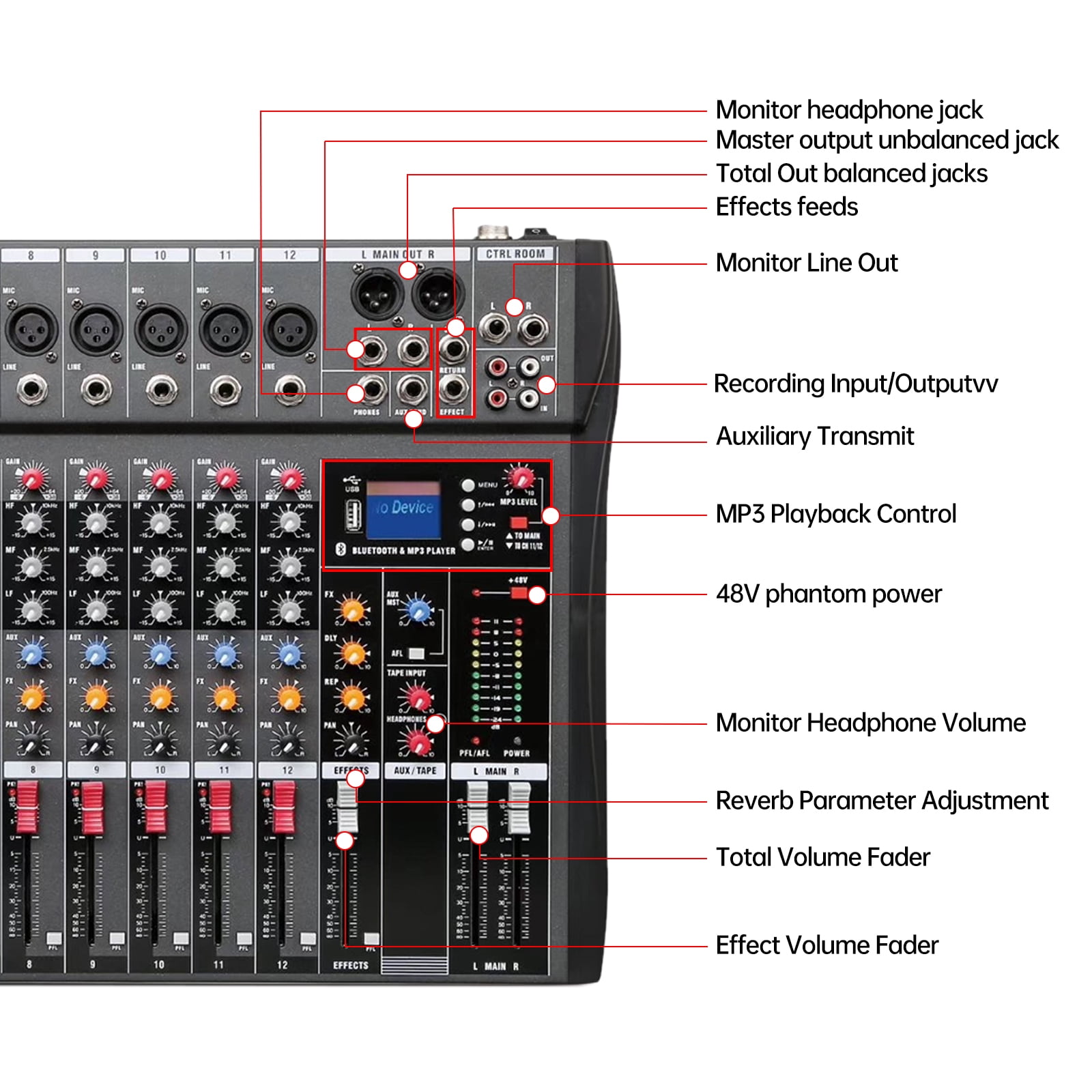 Koomaha 12 Channel Mixing Console Live Studio Audio Mixer USB Bluetooth 110V-220V