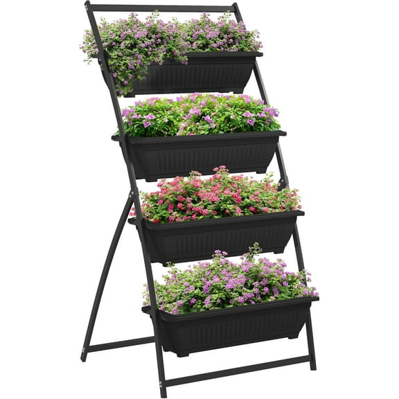 PetFurnishn Raised Garden Bed, 4 Tier Vertical Garden Planter Set, 4 Outdoor Planter Boxes with Stand, Self Draining Design Elevated Garden for Vegetable, Flowers & Herbs, Black