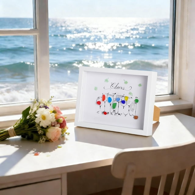 weibbin Wood Handmade Sea Glass Art Frame Cocktail Party Decor DIY for Bar Beach House Color