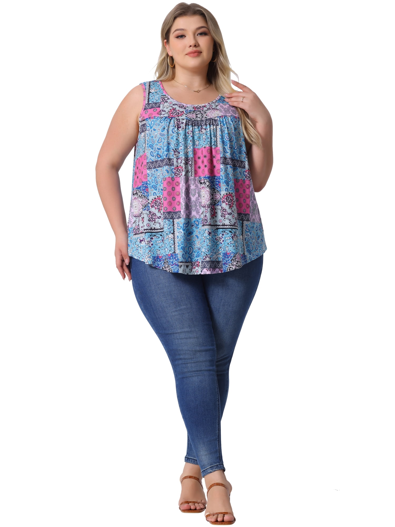 DARING DIVA Women's Plus Crew Neck Boho Pleated Curved Hem Tank Top Blouse 3X Blue
