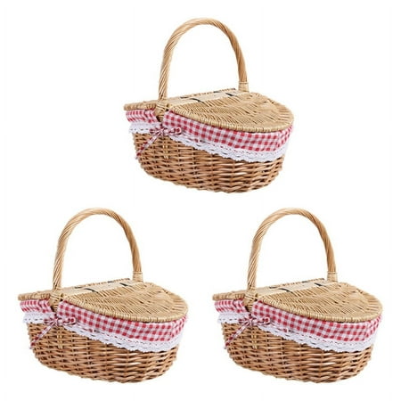 

3X Country Style Wicker Picnic Basket Hamper with Lid and Handle & Liners for Picnics Parties and BBQs