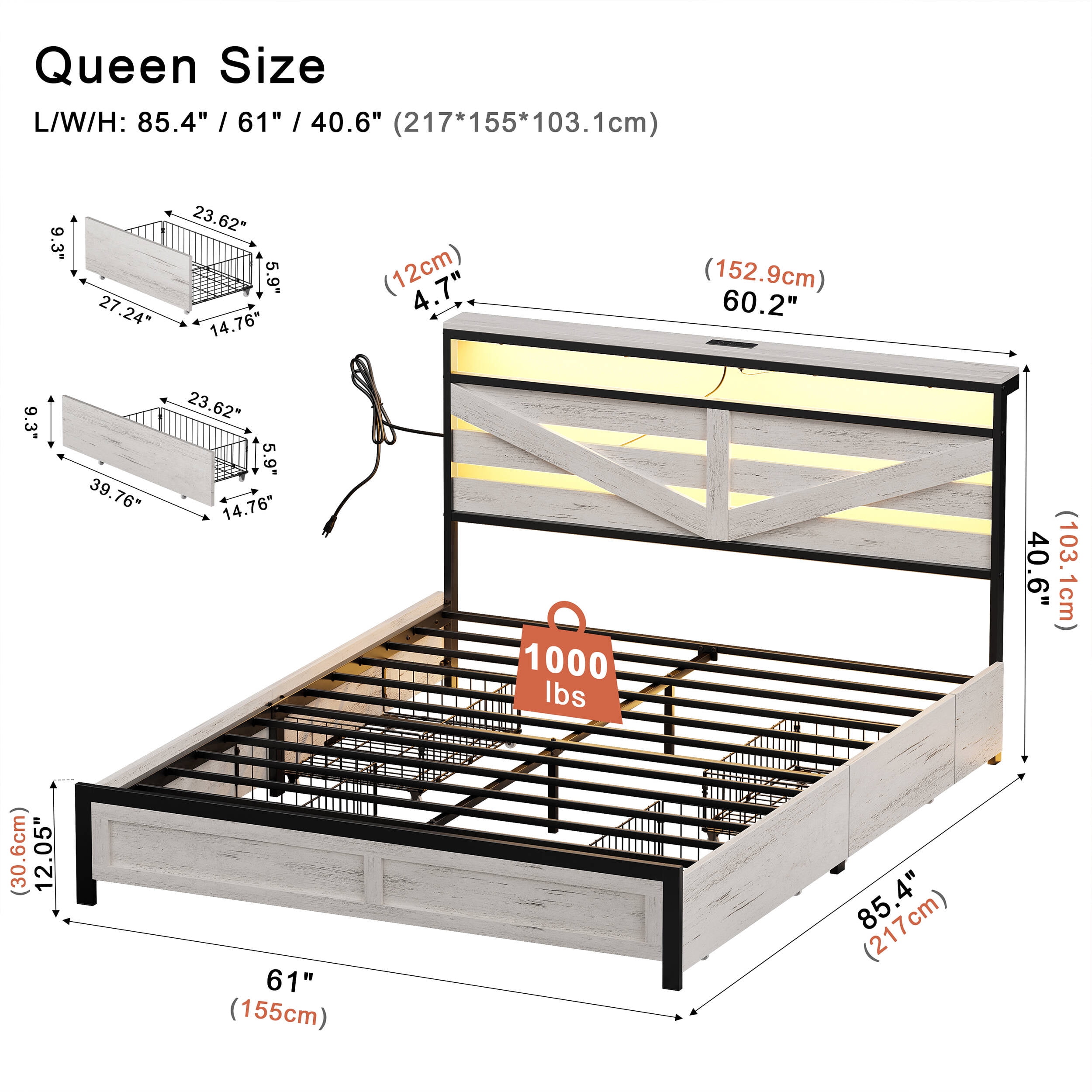 GUNAITO Queen Bed Frame with Storage Headboard & 4 Drawers, Industrial Metal Platform LED Bed with USB Ports & Outlets, Light Gray