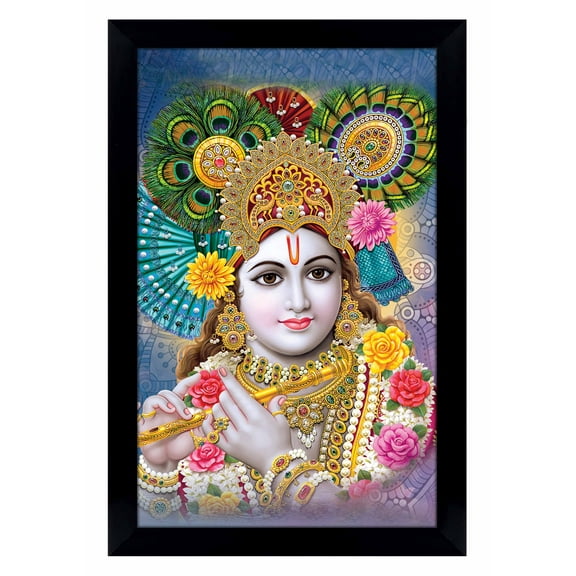 IBA Indianbeautifulart Lord Krishna Picture Frame Religious Poster Black Wall Frame Deity Photo Frame Wall Decor For Home/ Office/ Temple-6 x 8 Inches