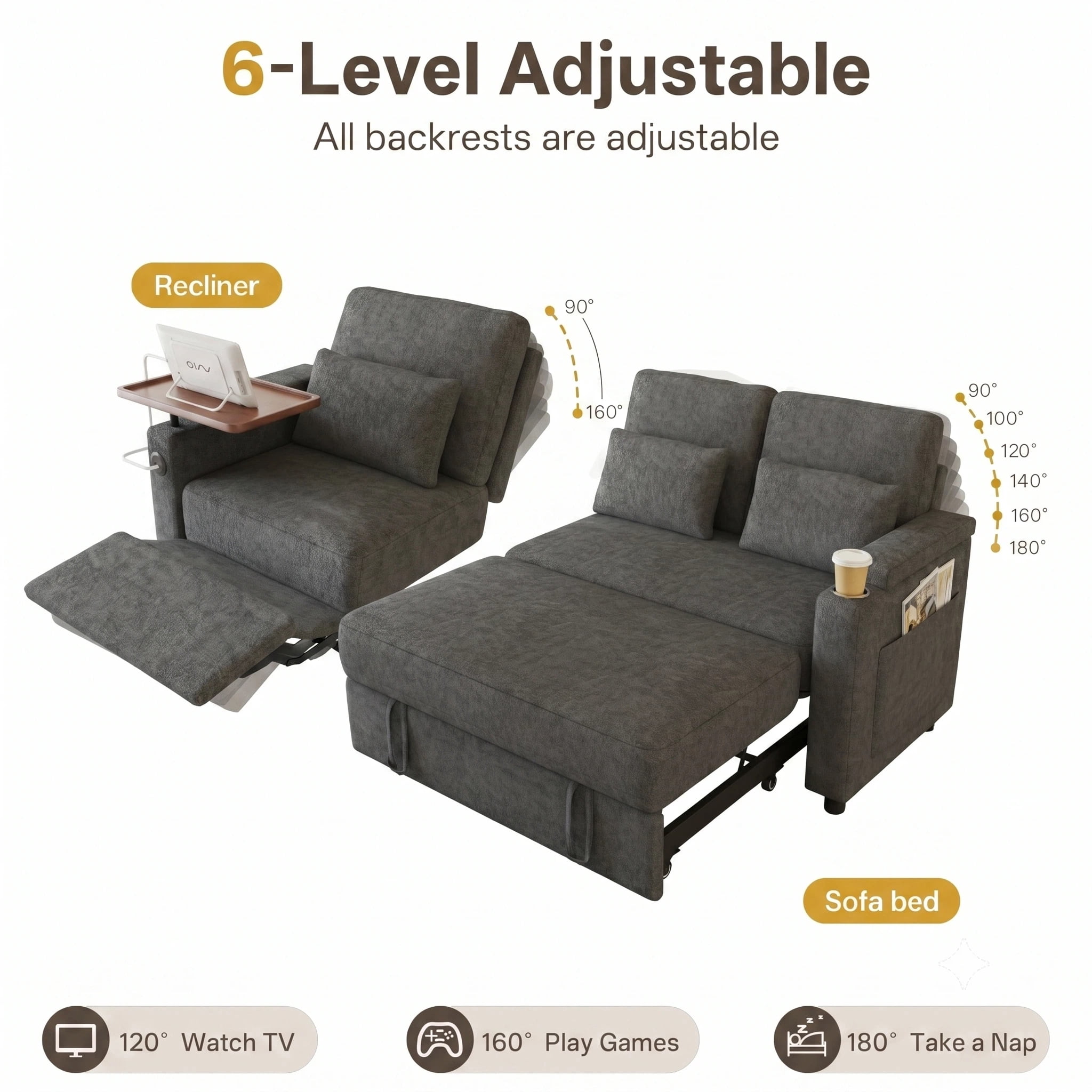 AISWORD 83" 3-in-1 Convertible Pull Out Sofa Bed, 6 Position Adjustable Sleeper Couch with USB Ports, Laptop Table, Cup Holders & Side Storage Pockets, Grey