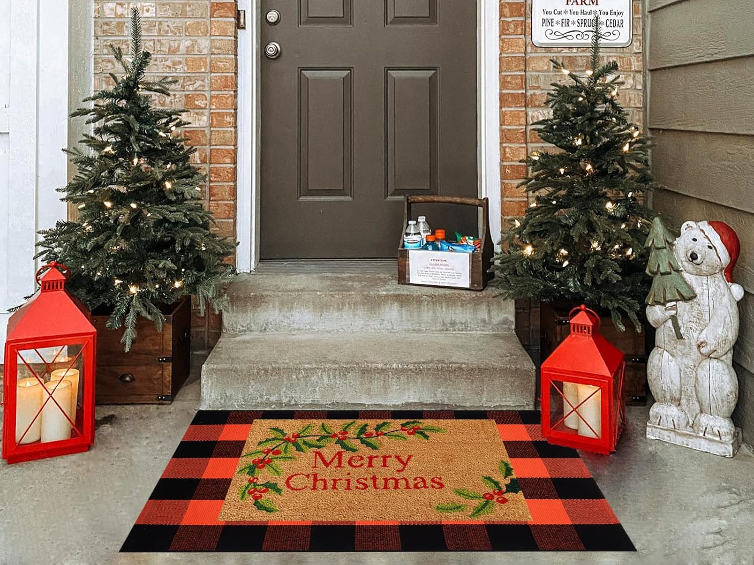 OMA Fall Plaid Rug 28" x 43", Orange and Black Buffalo Check Front Porch Outdoor Layered Doormat, Cotton Hand-Woven Washable Rug for Halloween Thanksgiving Autumn Decor