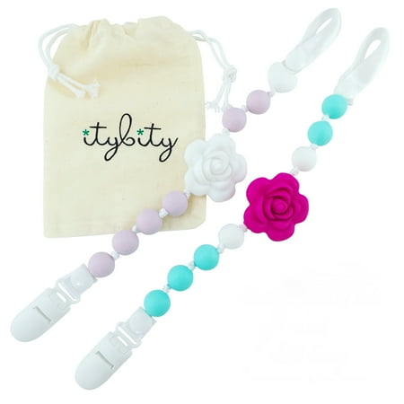 Pacifier Clip Girl, BPA Free Silicone Teether, Set of 2 (Lilac/White/Teal/Pink)