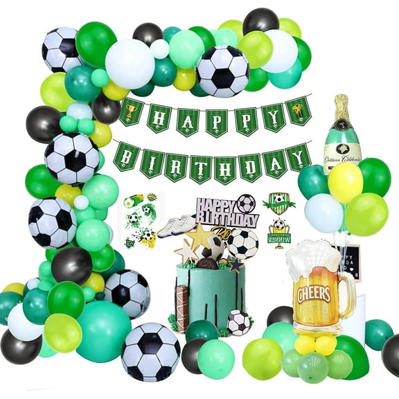 Birthday Party Decoration for Boys, Happy Birthday Banner, Beer Champagne Soccer Foil Balloons Green Yellow Latex Balloons Cake Topper with Tattoo for Kids Birthday Football Fans Theme Party （90pcs）