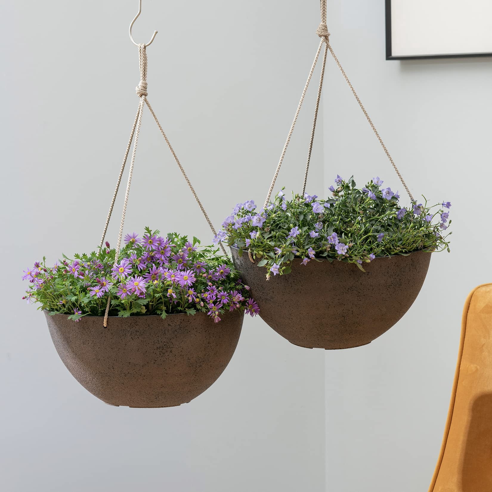 Large Hanging Planters Set of 2 13 Inch Flower Pots Outdoor Indoor Garden Decor Iron Finish