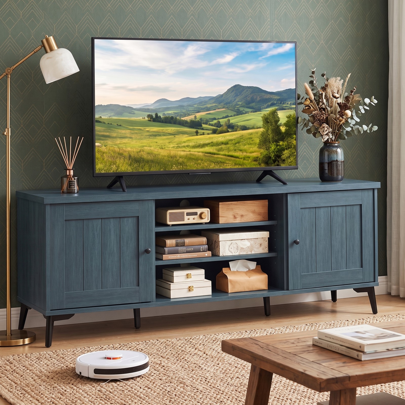 Furnibear 2-Door TV Stand for TVs up to 65 Inch, Mid Century Modern Entertainment Center Media Console with 3 Open Shelves, Adjustable Cabinet & Cable, Turquoise/Brown