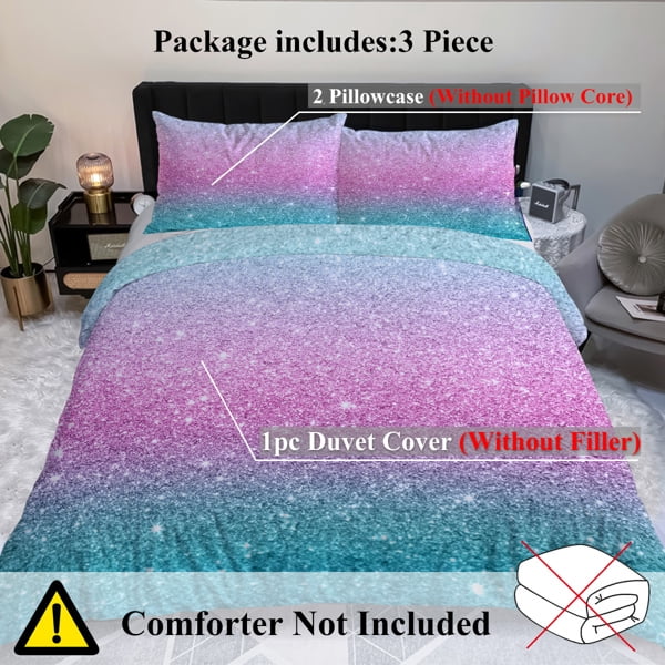 Colorful Glitter Bedding Girly Turquoise Blue Pink and Purple Pastel Colors Duvet Cover 3 Piece Trendy Bed Spreads Queen Size Comforter Cover Sets