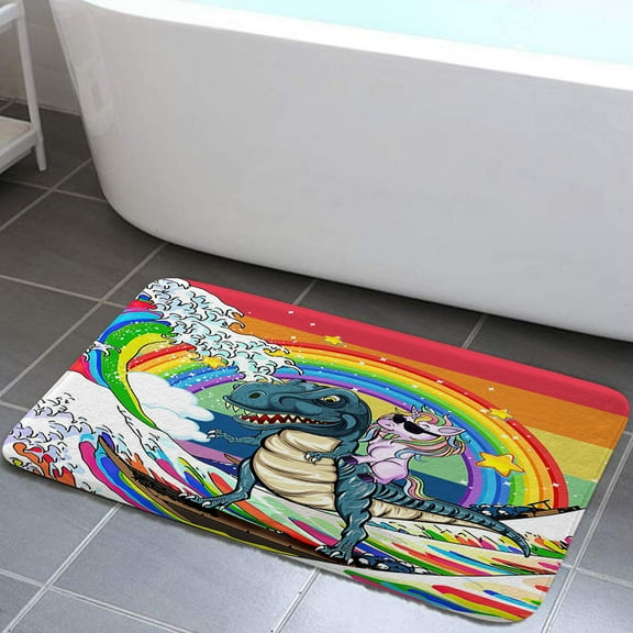 Funny Colorful Rainbow Bath Rugs Mats for Kids, Cool Unicorn Rode Dinosaur Non-slip Bathroom Mats Rugs, Rainbow Colors Stripe Waves Kitchen Bedroom Floor Mat Decor 17x29in