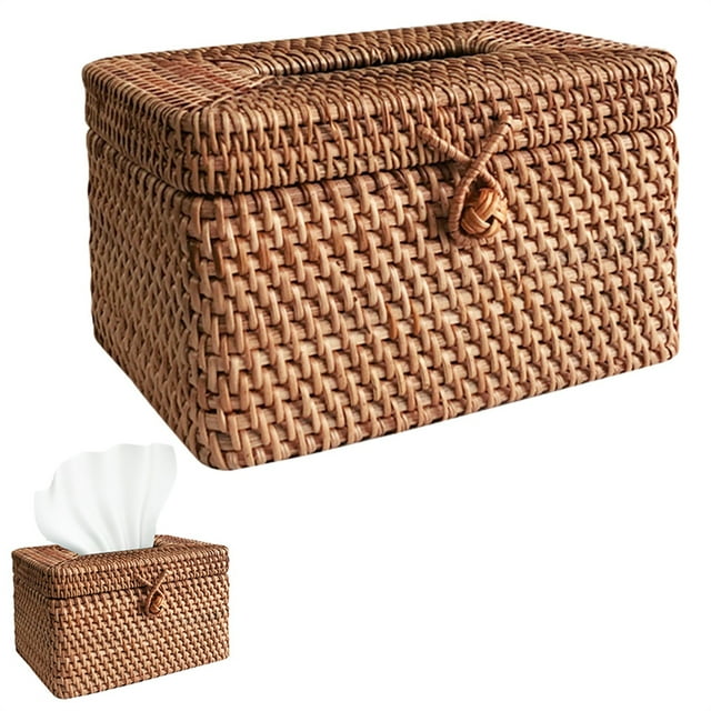 Tyeign Hand-Woven Rattan Tissue Box Cover, Square Large-Capacity Holder, Rustic Desktop Organizer for Home, Office & Dorm Décor Accent, 1 Rattan Napkin Box