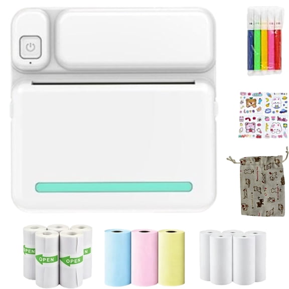 Mini Thermal Pocket Printer, Bluetooth Inkless Sticker Printer for Phone with 1 Roll Sticker Paper & Watercolor Pens, Portable Label Maker for Study Notes Journal Scrapbook DIY（Only 1 roll of paper）