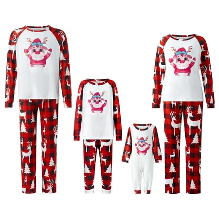 

Raruxxin Christmas Family Matching Pajamas Cartoon Elk Print Plaid Patchwork Long Sleeve Tops and Plaid Pants Holiday Sleepwear